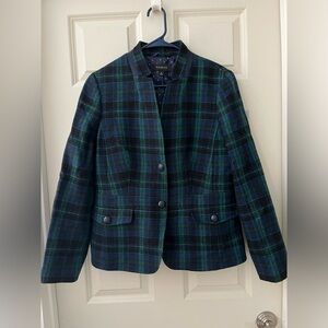 Talbots Wool Blend Blazer  Blue Green Tartan Plaid Satin Lined Holiday size 10